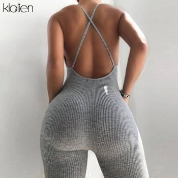 KLALIEN Summer Casual Sport Fitness Streetwear Female Jumpsuit Sexy V Neck Backless Skinny Elastic Jumpsuit Women Yoga Outfit